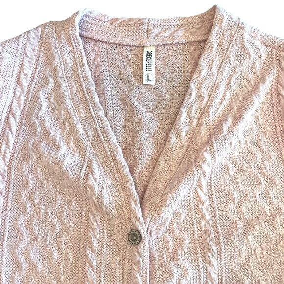 Womens Pink Cable Knit Cardigan Sweater Sz L Cottagecore Grandmacore Soft Girl - Picture 2 of 10